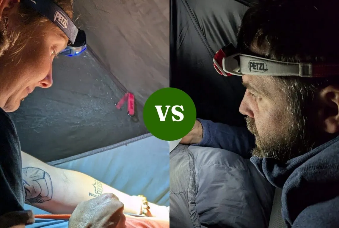 Frontales Petzl Actik Core et Swift RL portées sous la tente, de nuit