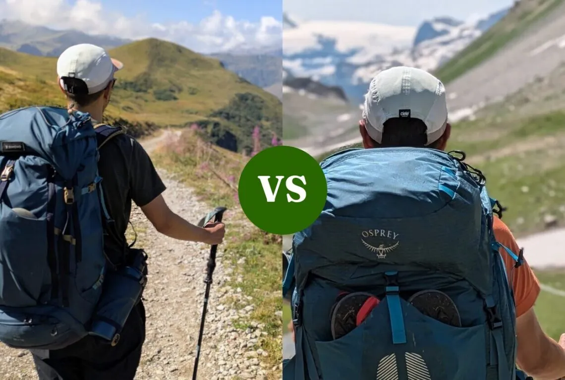 Sac à dos Simond MT500 Air 50+10 L et Osprey Atmos AG 50 portés en montagne